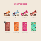 An informational product graphic titled "WHAT'S INSIDE" showing multiple Rhythm 108 biscuit cookie packs arranged in a grid with labels for each flavor: Chocolate Peanut Butter Cookie, Hazelnut Chocolate Praline Cookie, Hazelnut Chocolate Praline Biscuits, Pistachio Biscuits, Salted Caramel Biscuits, Coconut Crunch Biscuits, Almond Biscotti Biscuits, and Double Chocolate Hazelnut Biscuits.